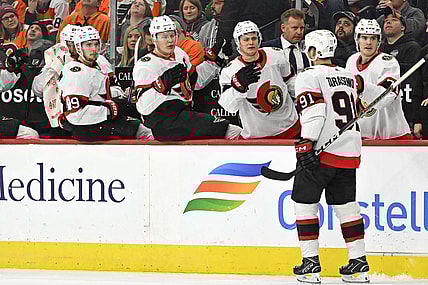 Jan 21, 2024; Philadelphia, Pennsylvania, USA; Ottawa Senators right wing Vladimir Tarasenko (91) celebrates his goal with teammates against the Philadelphia Flyers during the third period at Wells Fargo Center. Mandatory Credit: Eric Hartline-USA TODAY Sports