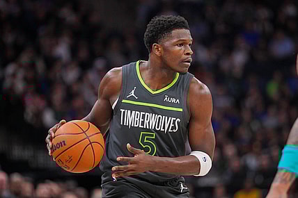 Jan 22, 2024; Minneapolis, Minnesota, USA; Minnesota Timberwolves guard Anthony Edwards (5) dribbles against the Charlotte Hornets in the first quarter at Target Center. Mandatory Credit: Brad Rempel-USA TODAY Sports