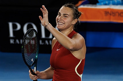 Jan 23, 2024; Melbourne, Victoria, Australia;  Aryna Sabalenka of Belarus celebrates her victory over Barbora Krejcikpva of the Czech Republic in the quarter final of the women s singles. Mandatory Credit: Mike Frey-USA TODAY Sports