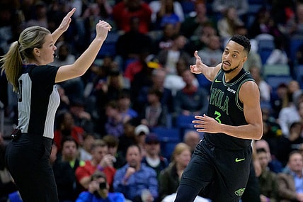 Jan 23, 2024; New Orleans, Louisiana, USA; New Orleans Pelicans guard CJ McCollum (3) celebrates a three-point basket against the Utah Jazz during the second half at Smoothie King Center. Mandatory Credit: Matthew Hinton-USA TODAY Sports