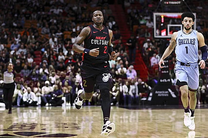 Jan 24, 2024; Miami, Florida, USA; Miami Heat guard Terry Rozier (2) runs on the court against the Memphis Grizzlies during the second quarter at Kaseya Center. Mandatory Credit: Sam Navarro-USA TODAY Sports