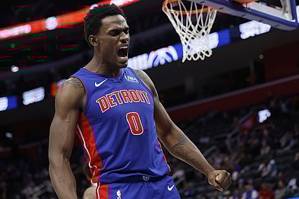 Jan 24, 2024; Detroit, Michigan, USA;  Detroit Pistons center Jalen Duren (0) celebrates in the second half against the Charlotte Hornets at Little Caesars Arena. Mandatory Credit: Rick Osentoski-USA TODAY Sports