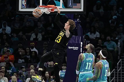 Jan 27, 2024; Charlotte, North Carolina, USA; Utah Jazz forward Lauri Markkanen (23) makes a dunk against the Charlotte Hornets during the second quarter at Spectrum Center. Mandatory Credit: Jim Dedmon-USA TODAY Sports