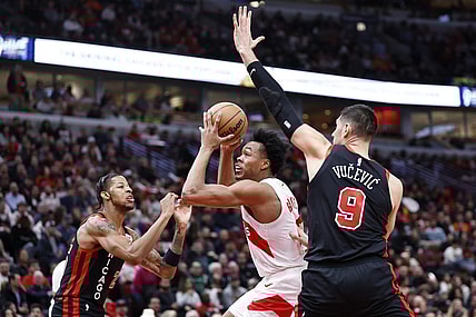 Jan 30, 2024; Chicago, Illinois, USA; Toronto Raptors forward Scottie Barnes (4) drives to the basket against the Chicago Bulls during the first half at United Center. Mandatory Credit: Kamil Krzaczynski-USA TODAY Sports