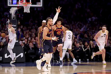 Jan 30, 2024; New York, New York, USA; New York Knicks guard Jalen Brunson (11) celebrates his three point shot against the Utah Jazz during the third quarter at Madison Square Garden. Mandatory Credit: Brad Penner-USA TODAY Sports