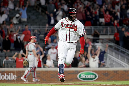 May 8, 2021; Atlanta, Georgia, USA; Atlanta Braves third baseman Pablo Sandoval (48) reacts after hitting a two run home run during the ninth inning against the Philadelphia Phillies at Truist Park. Mandatory Credit: Jason Getz-USA TODAY Sports