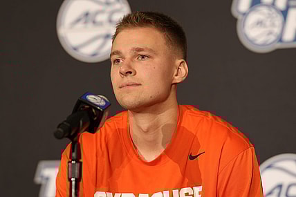 Oct 12, 2021; Charlotte, NC, USA; Syracuse Orange guard Buddy Boeheim (35) speaks to the media at the ACC Tip Off at Charlotte Marriott City Center. Mandatory Credit: Jim Dedmon-USA TODAY Sports