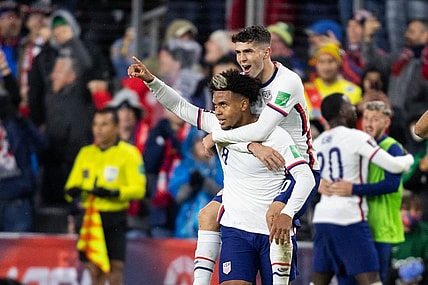 Nov 12, 2021; Cincinnati, Ohio, USA; United States midfielder Weston McKennie (8) celebrates his goal with forward Christian Pulisic (10) during a FIFA World Cup Qualifier soccer match against the Mexico at TQL Stadium. Mandatory Credit: Trevor Ruszkowski-USA TODAY Sports