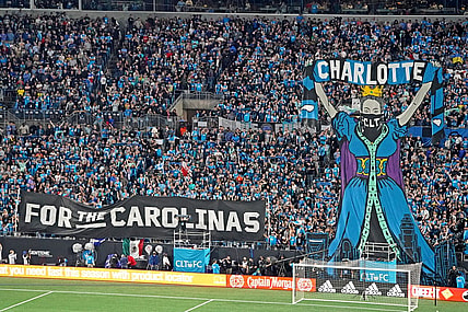Mar 5, 2022; Charlotte, North Carolina, USA; The Tifo is raised before the match between the Los Angeles Galaxy and Charlotte FC at Bank of America Stadium. Mandatory Credit: John David Mercer-USA TODAY Sports
