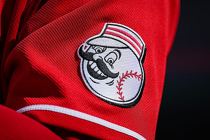 Aug 28, 2022; Washington, District of Columbia, USA; A detailed view of the Cincinnati Reds jersey logo during the ninth inning of the game between the Washington Nationals and the Cincinnati Reds at Nationals Park. Mandatory Credit: Scott Taetsch-USA TODAY Sports