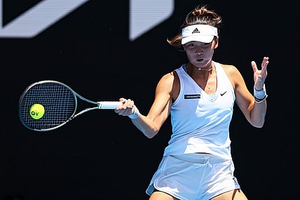 Jan 16, 2023; Melbourne, VICTORIA, Australia; Yue Yuan (China) returns the ball against Maria Sakkari (Greece) (not pictured) at Melbourne Park. Mandatory Credit: Mike Frey-USA TODAY Sports