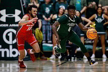 Mar 3, 2023; Fort Collins, Colorado, USA; Colorado State Rams guard Isaiah Stevens (4) dribbles the ball up court against New Mexico Lobos guard Jaelen House (10) in the second half at Moby Arena. Mandatory Credit: Isaiah J. Downing-USA TODAY Sports