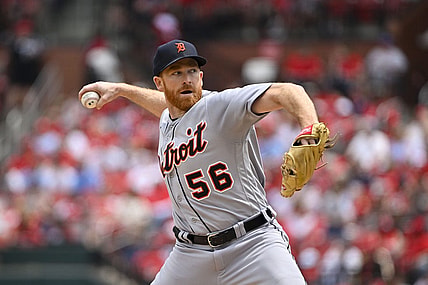 May 6, 2023; St. Louis, Missouri, USA;  Detroit Tigers starting pitcher Spencer Turnbull (56) pitches against the St. Louis Cardinals during the first inning at Busch Stadium. Mandatory Credit: Jeff Curry-USA TODAY Sports