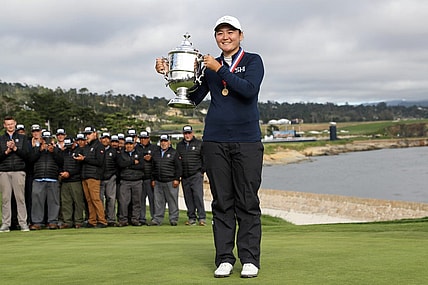 Jul 9, 2023; Pebble Beach, California, USA; Allisen Corpuz celebrates with the Harton S. Semple Trophy after winning the U.S. Women's Open golf tournament at Pebble Beach Golf Link. Mandatory Credit: Kiyoshi Mio-USA TODAY Sports