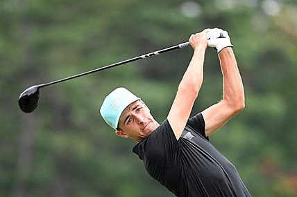 Aug 6, 2023; White Sulphur Springs, West Virginia, USA; David Puig tees off on the 11th hole during the final round of the LIV Golf event at The Old White Course. Mandatory Credit: Bob Donnan-USA TODAY Sports