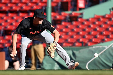 Aug 11, 2023; Boston, Massachusetts, USA; Detroit Tigers third baseman Nick Maton (9) warms up before a game against the Boston Red Sox at Fenway Park. Mandatory Credit: Eric Canha-USA TODAY Sports