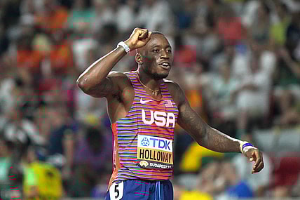 Aug 21, 2023; Budapest, Hungary; Grant Holloway (USA) celebrates after winning the 110m hurdles in 12.96 during the World Athletics Championships Budapest 23 at National Athletics Centre. Mandatory Credit: Kirby Lee-USA TODAY Sports