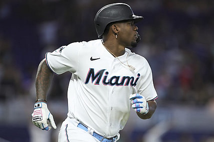 Aug 27, 2023; Miami, Florida, USA; Miami Marlins designated hitter Jorge Soler (12) circles the bases after hitting a two-run home run against the Washington Nationals during the third inning at loanDepot Park. Mandatory Credit: Sam Navarro-USA TODAY Sports