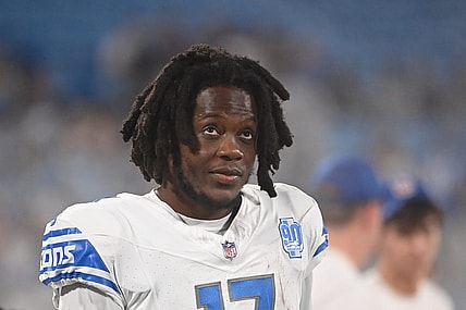 Aug 25, 2023; Charlotte, North Carolina, USA; Detroit Lions quarterback Teddy Bridgewater (17) on the sidelines in the fourth quarter at Bank of America Stadium. Mandatory Credit: Bob Donnan-USA TODAY Sports