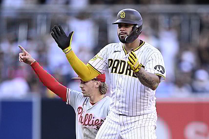 Sep 4, 2023; San Diego, California, USA; San Diego Padres catcher Gary Sanchez (99) celebrates after hitting an RBI double against the Philadelphia Phillies during the seventh inning at Petco Park. Mandatory Credit: Orlando Ramirez-USA TODAY Sports