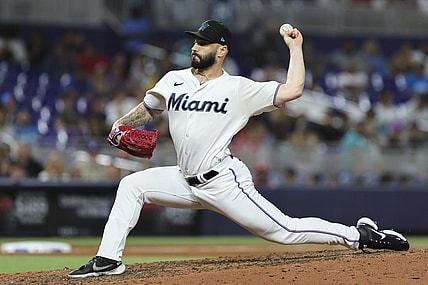 Sep 5, 2023; Miami, Florida, USA; Miami Marlins relief pitcher Tanner Scott (66) delivers a pitch against the Los Angeles Dodgers during the ninth inning at loanDepot Park. Mandatory Credit: Sam Navarro-USA TODAY Sports