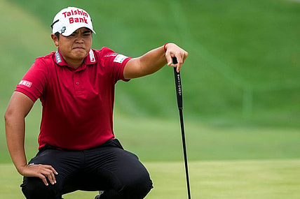 Peiyun Chien, of Pingtung, Chinese Taipei, reads her putt on the 18th hole at the 2023 Kroger Queen City Championship presented by P&G at Kenwood Country Club in Madeira, Ohio, on Saturday, Sept. 9, 2023. Chien finished 13 under.