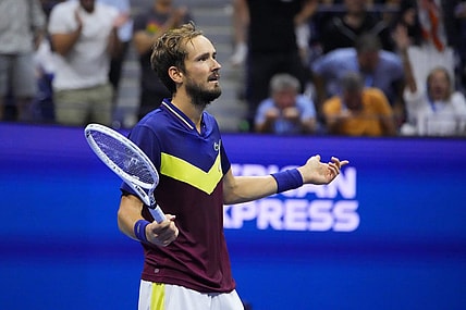 Sep 10, 2023; Flushing, NY, USA; Daniil Medvedev reacts after winning a point against Novak Djokovic of Serbia (not pictured) in the men's singles final on day fourteen of the 2023 U.S. Open tennis tournament at USTA Billie Jean King National Tennis Center. Mandatory Credit: Robert Deutsch-USA TODAY Sports