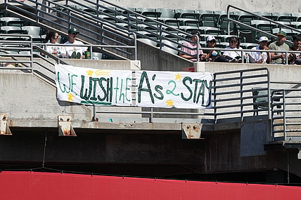 Sep 17, 2023; Oakland, California, USA; Oakland Athletics fans hang a sign in the right field bleachers during the fourth inning against the San Diego Padres at Oakland-Alameda County Coliseum. Mandatory Credit: Darren Yamashita-USA TODAY Sports