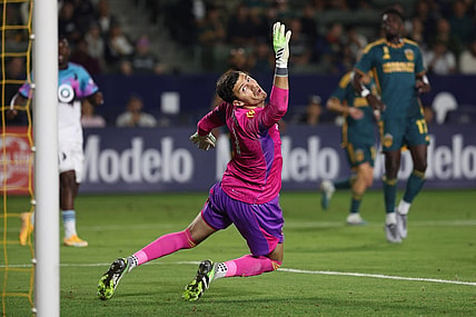 Sep 20, 2023; Carson, California, USA;  Los Angeles Galaxy goalkeeper Jonathan Bond (1) misses a save during the first half against Minnesota United FC at Dignity Health Sports Park. Mandatory Credit: Kiyoshi Mio-USA TODAY Sports