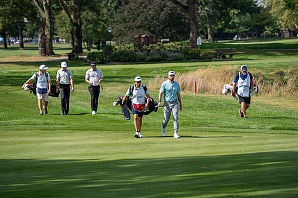 Sep 21, 2023; Columbus, OH, USA;
The group consisting of Cristobal Del Solar, Frankie Carman III and Trent Phillips walks the fairway to their balls on hole 8 during the Nationwide Children   s Hospital Championship.