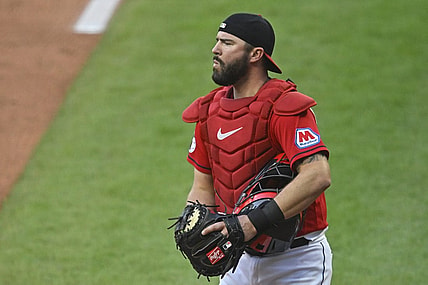 Sep 23, 2023; Cleveland, Ohio, USA; Cleveland Guardians catcher Cam Gallagher (35) stands on the field in the third inning against the Baltimore Orioles at Progressive Field. Mandatory Credit: David Richard-USA TODAY Sports