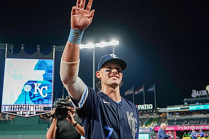Sep 29, 2023; Kansas City, Missouri, USA;  Kansas City Royals shortstop Bobby Witt Jr. (7) waves to the crowd after the win over the New York Yankees at Kauffman Stadium. Witt became the first Royals player in history to hit 30 home runs and have 30 stolen bases. Mandatory Credit: Denny Medley-USA TODAY Sports