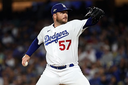 Oct 9, 2023; Los Angeles, California, USA; Los Angeles Dodgers relief pitcher Ryan Brasier (57) throws a pitch against the Arizona Diamondbacks in the fourth inning for game two of the NLDS for the 2023 MLB playoffs at Dodger Stadium. Mandatory Credit: Kiyoshi Mio-USA TODAY Sports