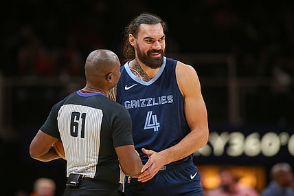 Oct 12, 2023; Atlanta, Georgia, USA; Memphis Grizzlies center Steven Adams (4) talks to referee Courtney Kirkland (61) before a game against the Atlanta Hawks in the first half at State Farm Arena. Mandatory Credit: Brett Davis-USA TODAY Sports