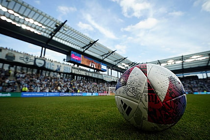 Nov 5, 2023; Kansas City, KS, USA; General view of a game ball before the match between Sporting Kansas City and St. Louis City SC of game two in a round one match of the 2023 MLS Cup Playoffs at Children's Mercy Park. Mandatory Credit: Jay Biggerstaff-USA TODAY Sports