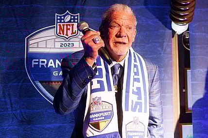 Nov 10, 2023; Frankfurt, Germany; Indianapolis Colts owner Jim Irsay speaks during a fan event at Chicago Meatpackers before an International Series game against the New England Patriots. Mandatory Credit: Nathan Ray Seebeck-USA TODAY Sports