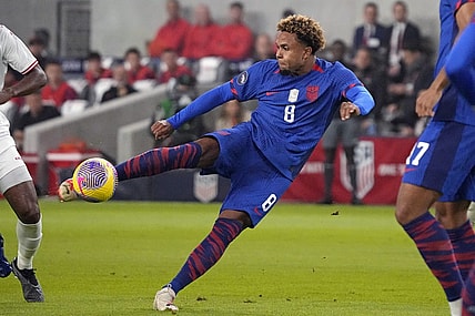 Nov 16, 2023; Austin, Texas, USA; U.S. Men's National team midfielder Weston McKennie (8) shoots on goal during the first half against Trinidad and Tobago in the Concacaf Quarterfinal at Q2 Stadium. Mandatory Credit: Scott Wachter-USA TODAY Sports