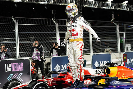 Nov 18, 2023; Las Vegas, Nevada, USA; Red Bull Racing Honda driver Max Verstappen of Netherlands (1) celebrates after winning the Formula 1 Heineken Silver Las Vegas Grand Prix at the Las Vegas Strip Circuit. Mandatory Credit: Lucas Peltier-USA TODAY Sports