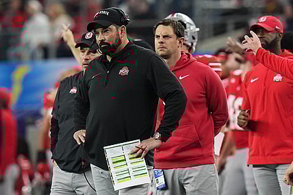 Dec 29, 2023; Arlington, Texas, USA; Ohio State Buckeyes head coach Ryan Day watches during the second quarter of the Goodyear Cotton Bowl Classic against the Missouri Tigers at AT&T Stadium.