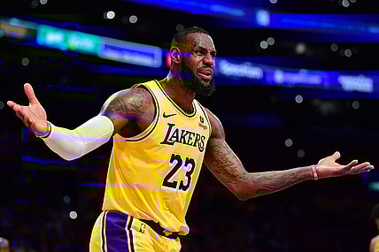 Jan 3, 2024; Los Angeles, California, USA; Los Angeles Lakers forward LeBron James (23) reacts to a call against him during the first half at Crypto.com Arena. Mandatory Credit: Gary A. Vasquez-USA TODAY Sports