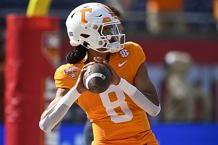 Tennessee quarterback Nico Iamaleava (8) warming up for the Citrus Bowl NCAA College football game on Monday, January 1, 2024 in Orlando, Fla.