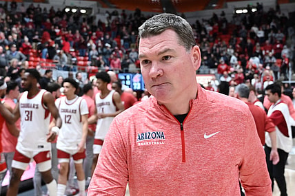 Jan 13, 2024; Pullman, Washington, USA; Arizona Wildcats head coach Tommy Lloyd walks off the court after a game against the Washington State Cougars at Friel Court at Beasley Coliseum. Mandatory Credit: James Snook-USA TODAY Sports