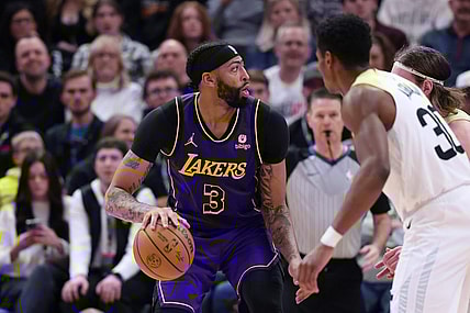 Jan 13, 2024; Salt Lake City, Utah, USA; Los Angeles Lakers forward Anthony Davis (3) looks to shoot against the Utah Jazz during the third quarter at Delta Center. Mandatory Credit: Rob Gray-USA TODAY Sports