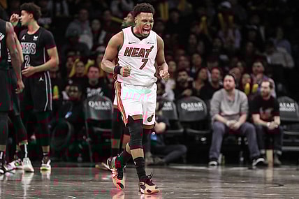 Jan 15, 2024; Brooklyn, New York, USA;  Miami Heat guard Kyle Lowry (7) reacts after scoring in the third quarter against the Brooklyn Nets at Barclays Center. Mandatory Credit: Wendell Cruz-USA TODAY Sports