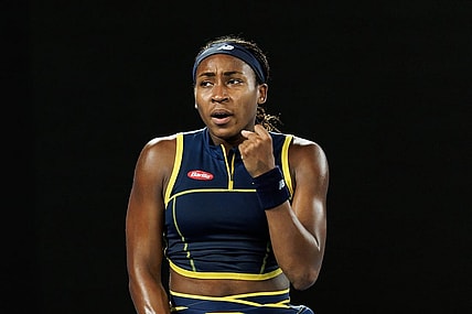 Jan 25, 2024; Melbourne, Victoria, Australia; Coco Gauff of the United States celebrates against Aryna Sabalenka of Belarus in the semi-final of the women s singles at the Australian Open. Mandatory Credit: Mike Frey-USA TODAY Sports
