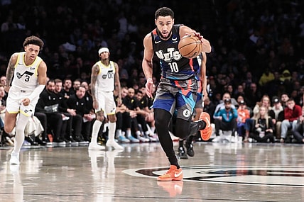 Jan 29, 2024; Brooklyn, New York, USA;  Brooklyn Nets guard Ben Simmons (10) brings the ball up court in the third quarter against the Utah Jazz at Barclays Center. Mandatory Credit: Wendell Cruz-USA TODAY Sports
