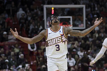 Jan 29, 2024; Miami, Florida, USA; Phoenix Suns guard Bradley Beal (3) reacts after scoring against the Miami Heat during the fourth quarter at Kaseya Center. Mandatory Credit: Sam Navarro-USA TODAY Sports