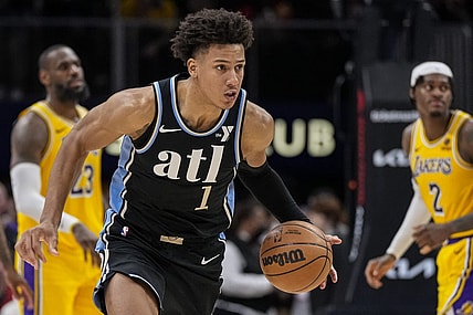 Jan 30, 2024; Atlanta, Georgia, USA; Atlanta Hawks forward Jalen Johnson (1) runs to the basket after stealing the ball against the Los Angeles Lakers during the second half at State Farm Arena. Mandatory Credit: Dale Zanine-USA TODAY Sports