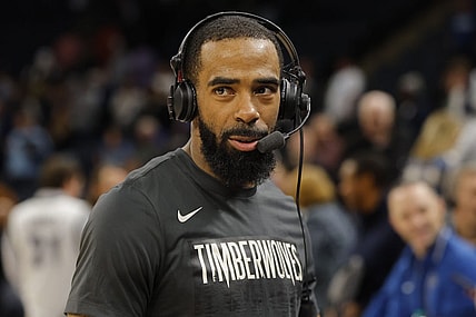 Jan 31, 2024; Minneapolis, Minnesota, USA; Minnesota Timberwolves guard Mike Conley (10) takes part in an interview after defeating the Dallas Mavericks at Target Center. Mandatory Credit: Bruce Kluckhohn-USA TODAY Sports
