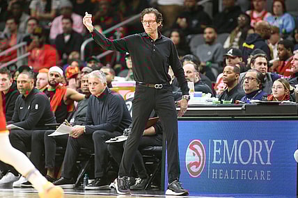Feb 2, 2024; Atlanta, Georgia, USA; Atlanta Hawks head coach Quin Snyder on the sideline against the Phoenix Suns in the second quarter at State Farm Arena. Mandatory Credit: Brett Davis-USA TODAY Sports